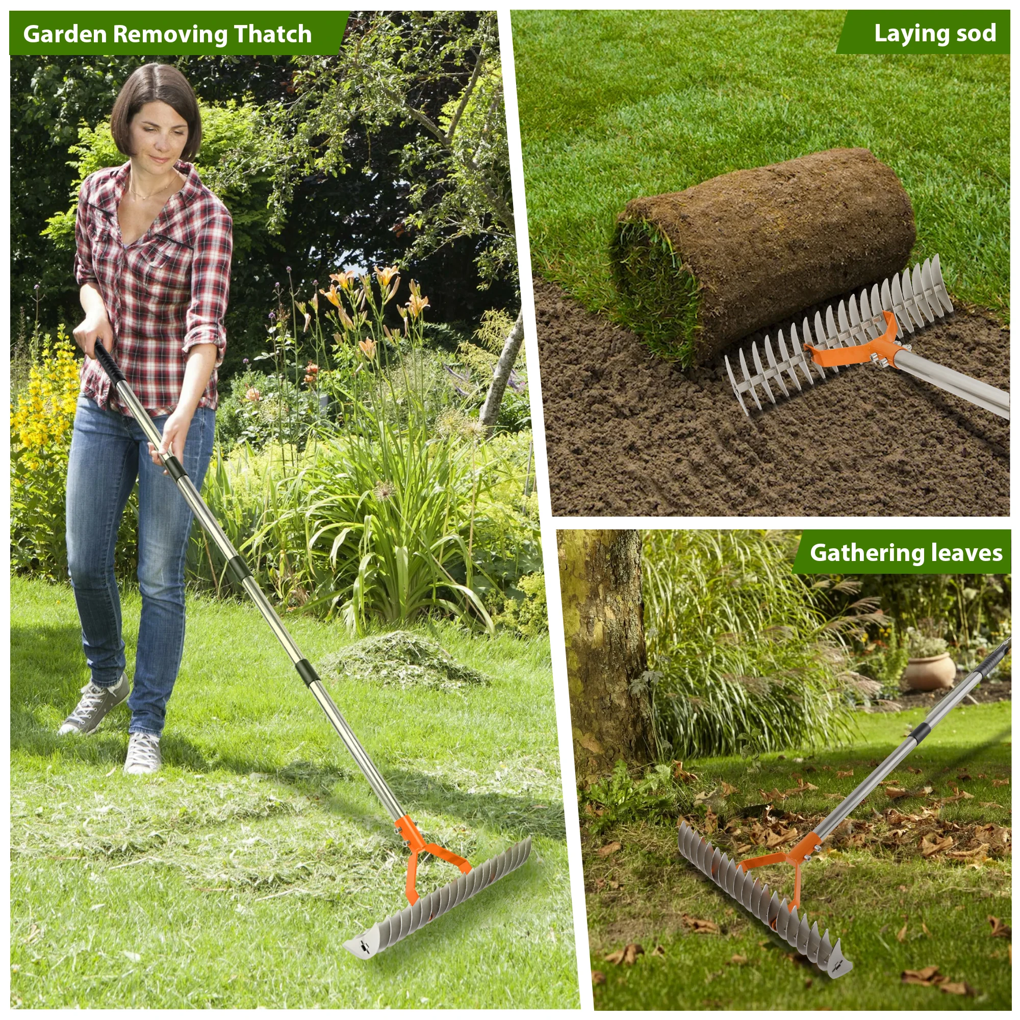 Robust Lawn Dethatcher for Cleaning Dead Grass, Efficient Steel Metal Rake with Handle, Thatching Rake for Garden,Yard.