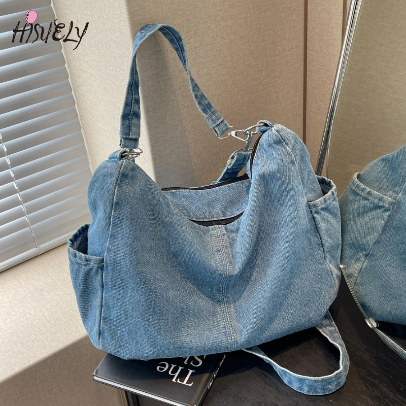 2024 Denim Canvas Messenger Bag Large Hobo Crossbody Bag with Multiple Pockets Tote for Women Casual Shoulder Handbags