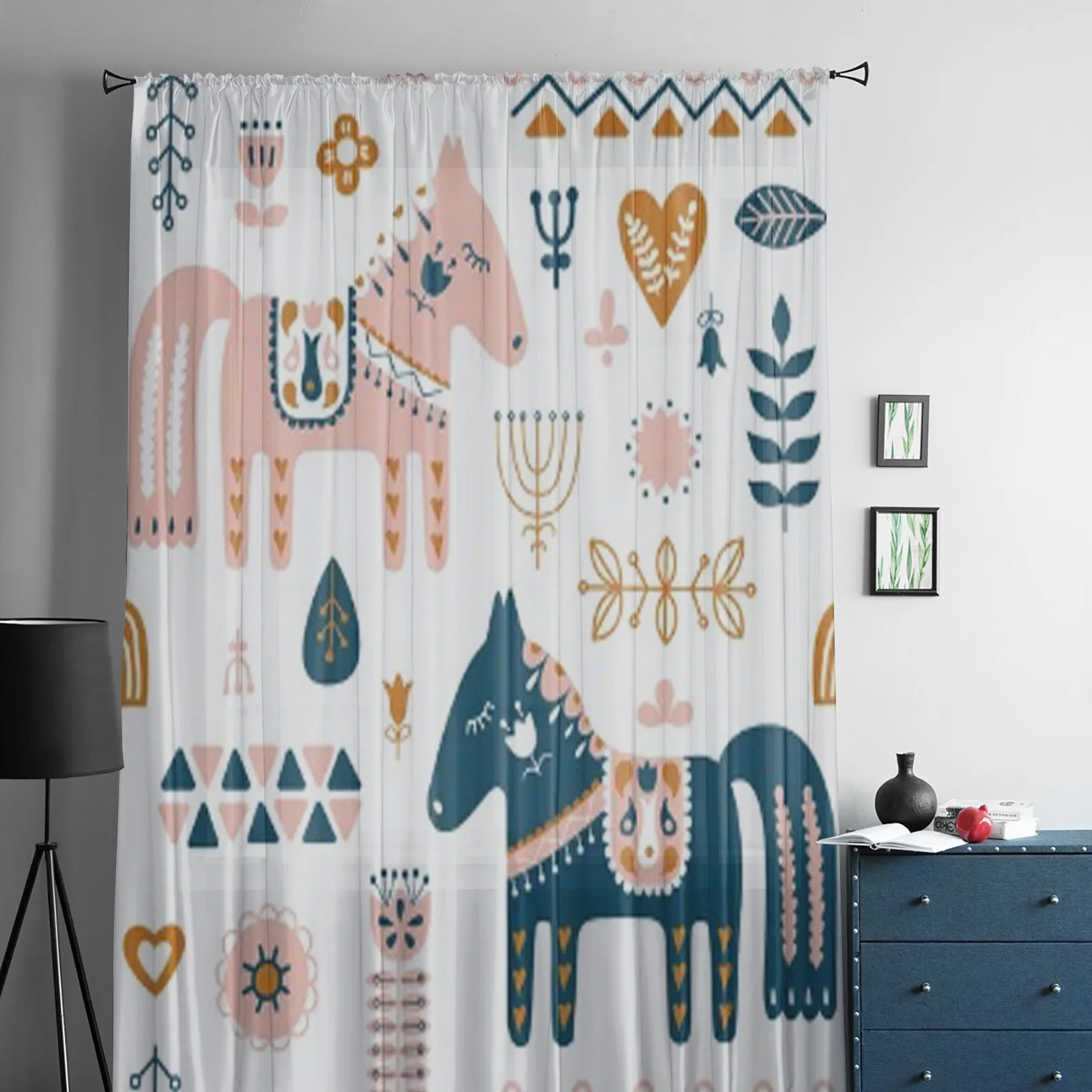 Nordic Repeating Dala Horse Forest Chiffon Sheer Curtains for Living Room Bedroom Kitchen Decoration Window Voiles Tulle Curtain