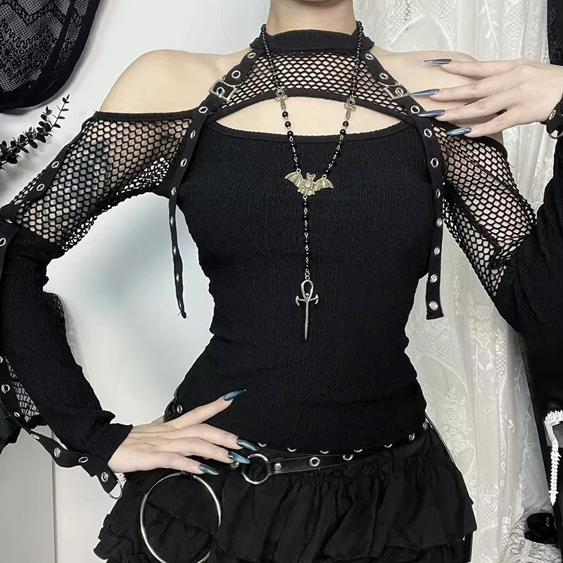 Goth Dark Punk Grunge Fishnet Patchwork Off Shoulder T-shirts Trim Corn Strap Halter Tops Autumn Mall Gothic Streetwear T-shirt