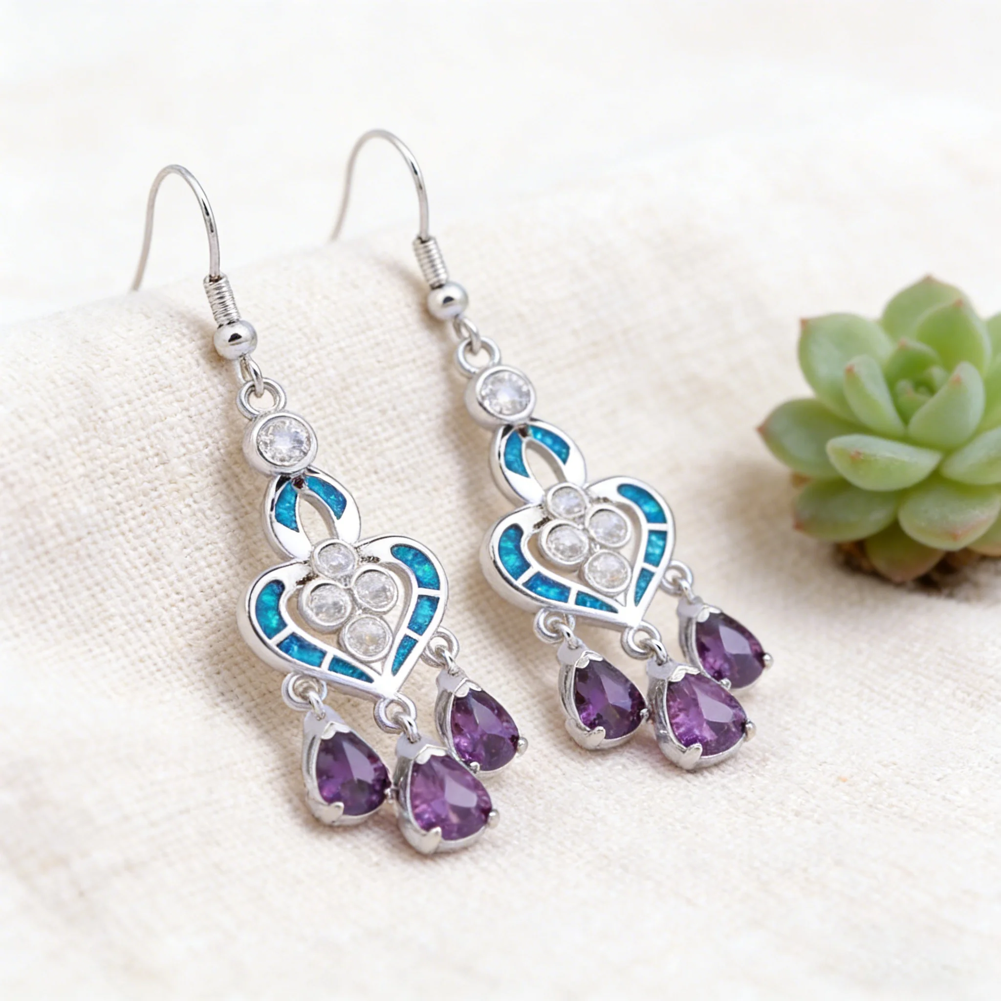 Heart Shape Earrings with Blue Opal and Lavender Drop Gems,Boho Chic Dangle Earrings for Women,Hypoallergenic Statement Jewelry view 4