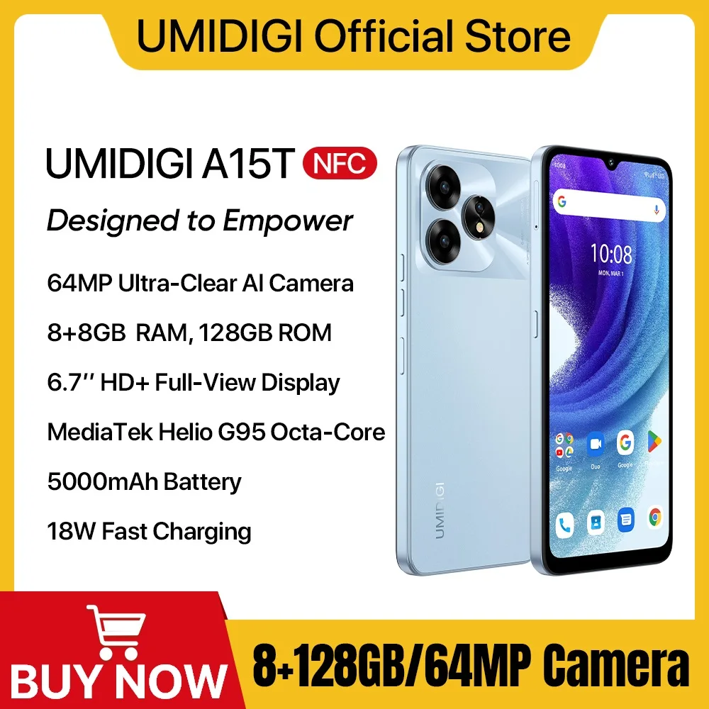 Смартфон UMIDIGI A15T Android 13 MTK Helio G95, восьмиядерный ультратонкий, 6,7 дюйма, HD + 8 + 8 ГБ, 128 ГБ, 64 МП, 5000 мАч, аккумулятор Hotkey NFC AGPS