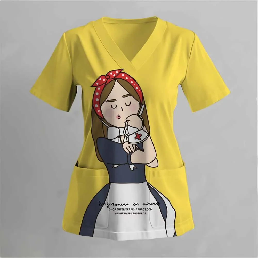 Cartoon printed pet grooming work clothes, women's short-sleeved V-neck top, women's surgical shirt, nurse's medical T-shirt