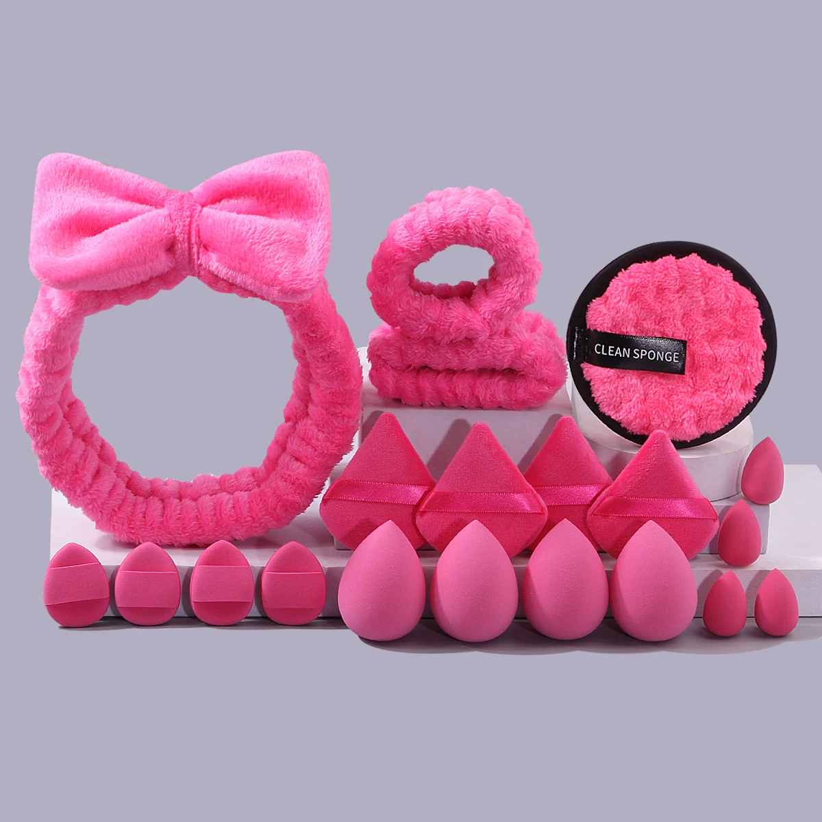 مجموعة منتفخة لتنظيف الوجه والمكياج مكونة من 20 قطعة - منتفخة مستديرة كبيرة وإسفنجة ناعمة لبودرة البيض وحزام معصم لربط الشعر