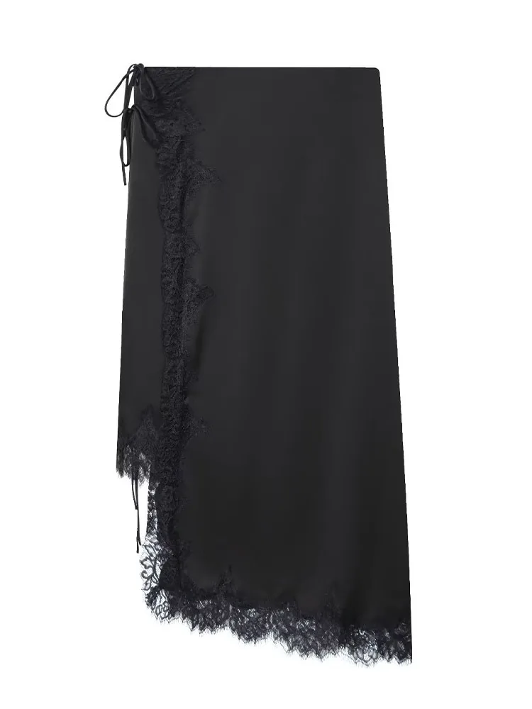 HH Gonna da donna in raso di pizzo solido versatile di nuova moda Temperamento femminile Sottile con cerniera Fiocco con lacci Gonna asimmetrica a trapezio Mujer