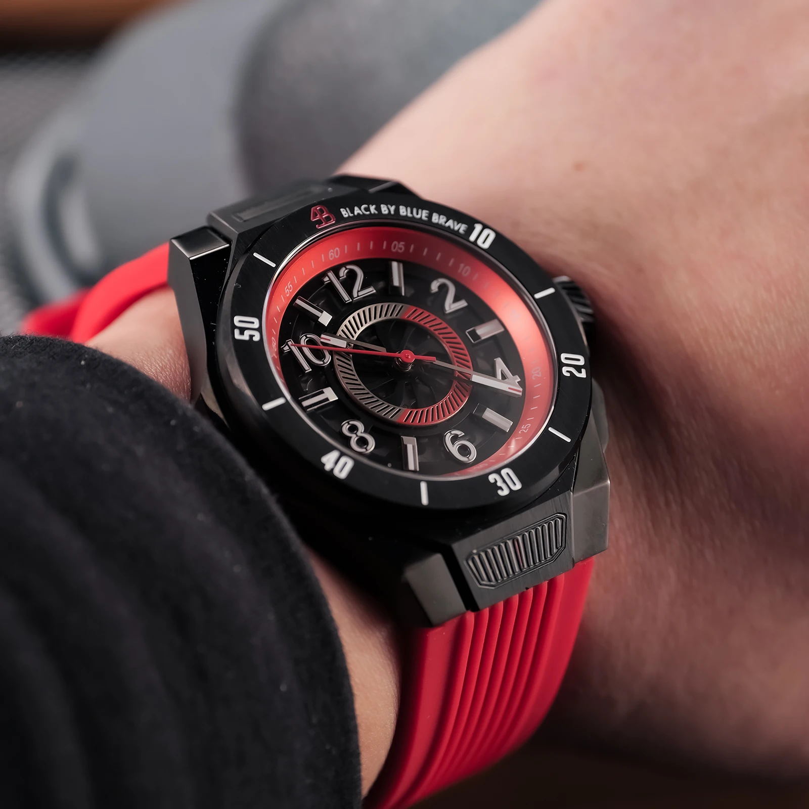 OBLVLO New Design Black PVD Automatic Watch for Man Top Brand Clock Red Rubber Band Waterproof Mechanical Watch Men Watch CAM-4B