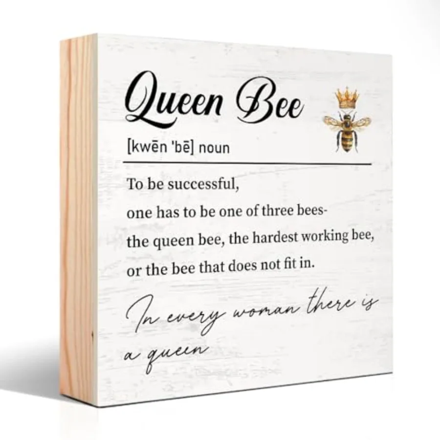 Queen Bee Wooden Sign Desk Decor, Funny Bee Queen Crown Wood Block Sign Desk Décor for Home Office Farmhouse Bedroom, Bee Thank