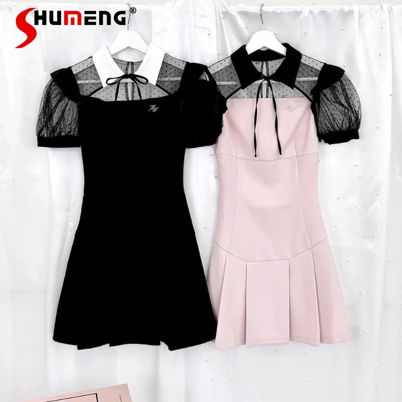 

Japanese Sweet Cute Dresses Polka Dot Sheer Patchwork Color Block Tie White Collar Waist Slimming Short Sleeves Y2k Lolita Dress