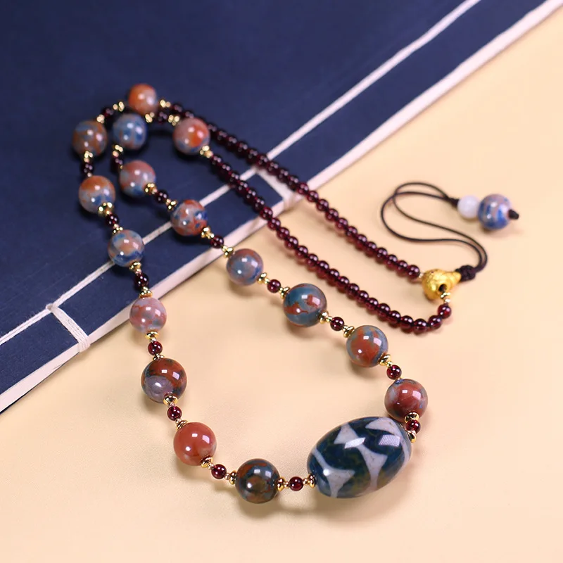 Tibetan natural raw stone old agate Daluo double tiger tooth medicine master Dzi bead clavicle necklace approximately