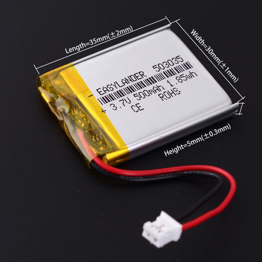 JST PH 2.0mm 2Pin 3.7V 500mAh 503035 Lithium Polymer LiPo Rechargeable Battery 303035 403035 603035 703035 803035 903035 103035