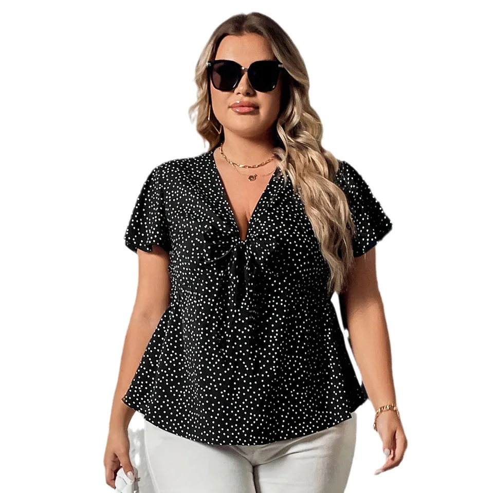 Plus Size luźny damski głęboki Deep V bluzka w kropki Top z nadrukiem szeroka koszula dla kobiet czarny krótki rękaw