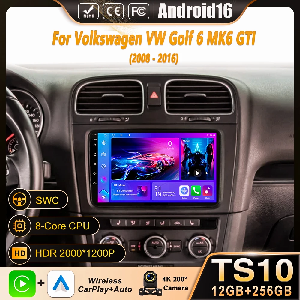 Android 16 Car Radio For Volkswagen VW Golf 6 MK6 GTI 2008-2016 Wireless Carplay Auto Radio Car Multimedia 4G WIFI DSP No 2 Din
