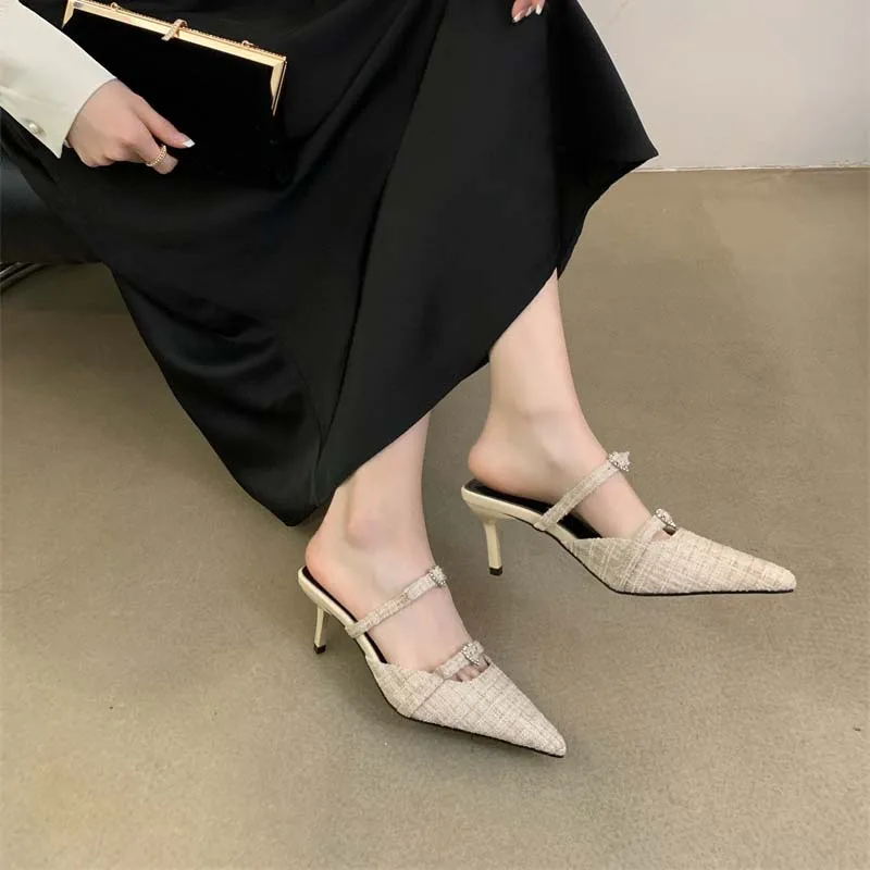 Black High Heels Sexy Pointed Toe Slingback Slippers Ladies Office Shoes Belt Buckle Low Heel Women Pumps Summer Stiletto