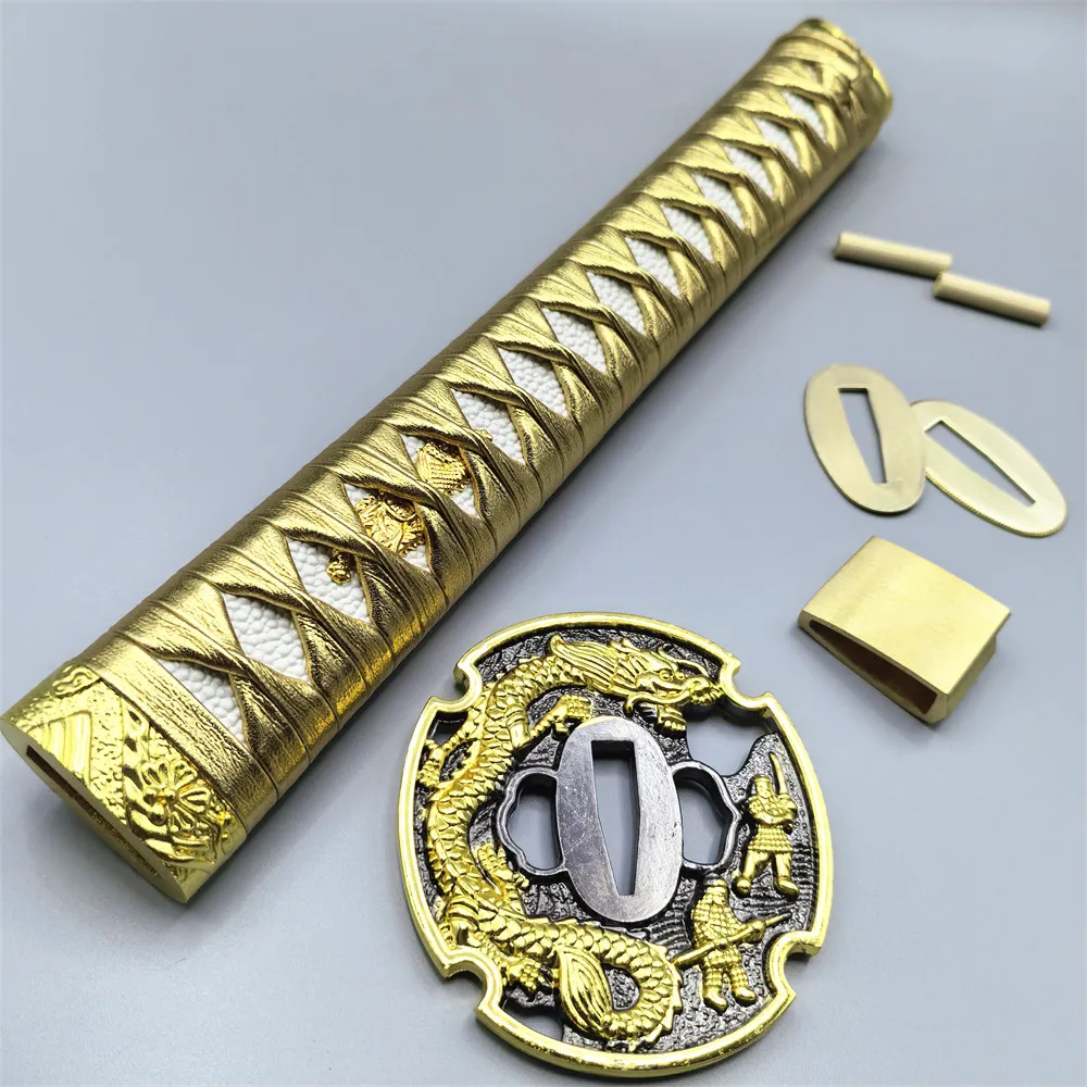 26cm leather Handle Real Katana Tsuka Japanese Samurai Sword Alloy Fittings Set Dragon Tsuba+Habaki+Seppa Accessory