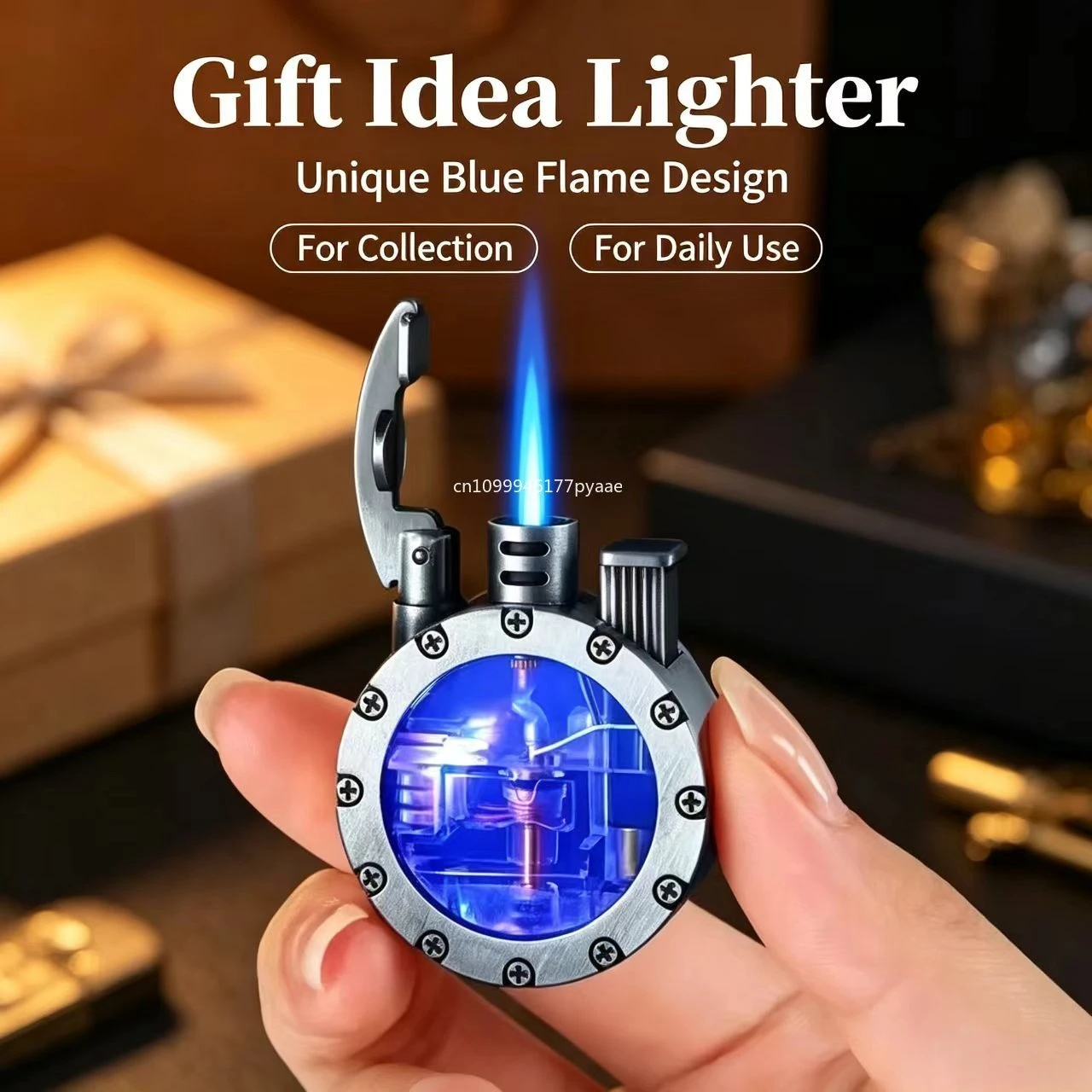 Metal Retro Rocker Blue Flame Inflatable Lighter LED Colored Light Transparent Transom Windproof Torch Gass Lighter Men's Gifts