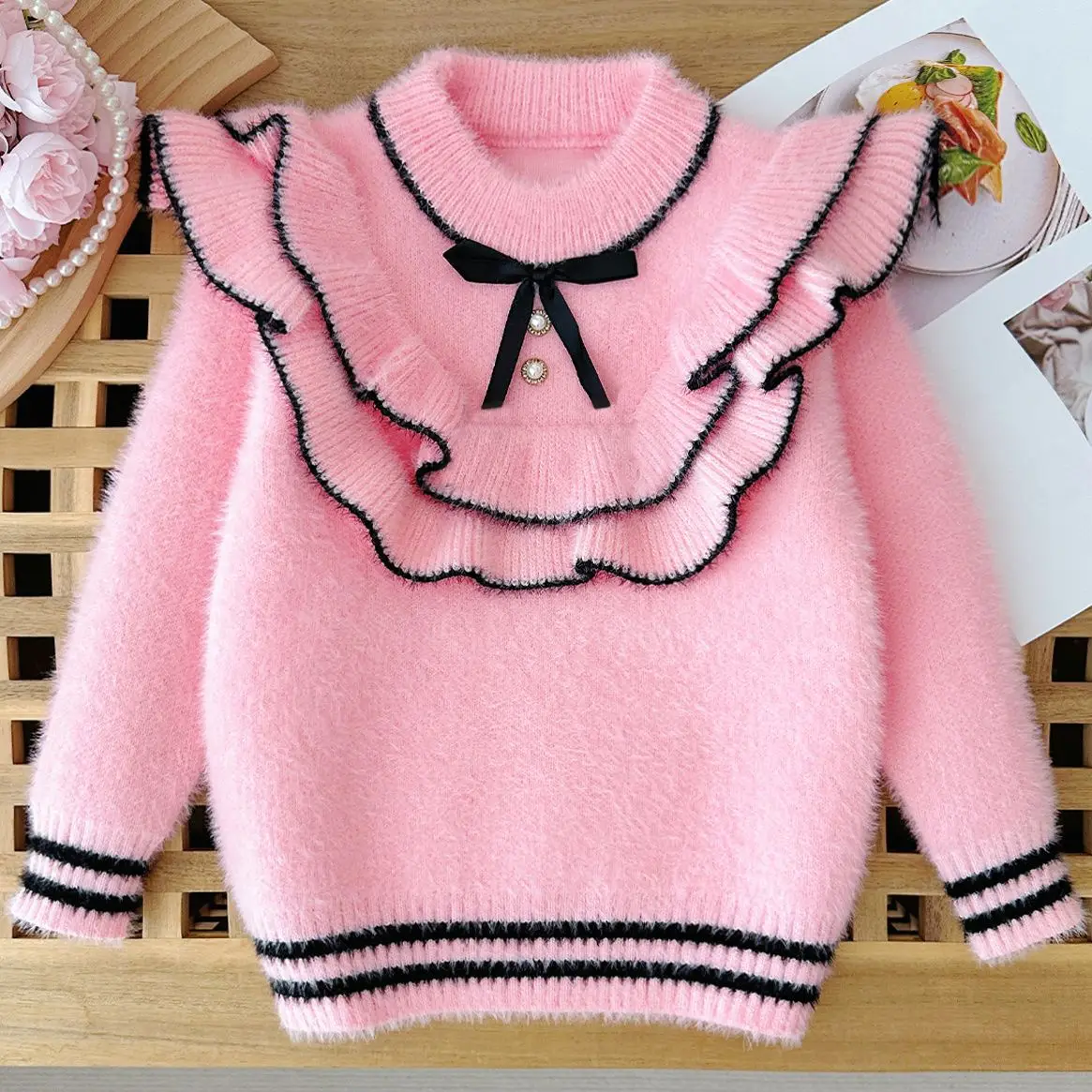 Girls Sweet Lace Imitation Mink Integrated Fleece Sweater 2025 Fall Winter New Kids Fashion Warm Sweater Trendy