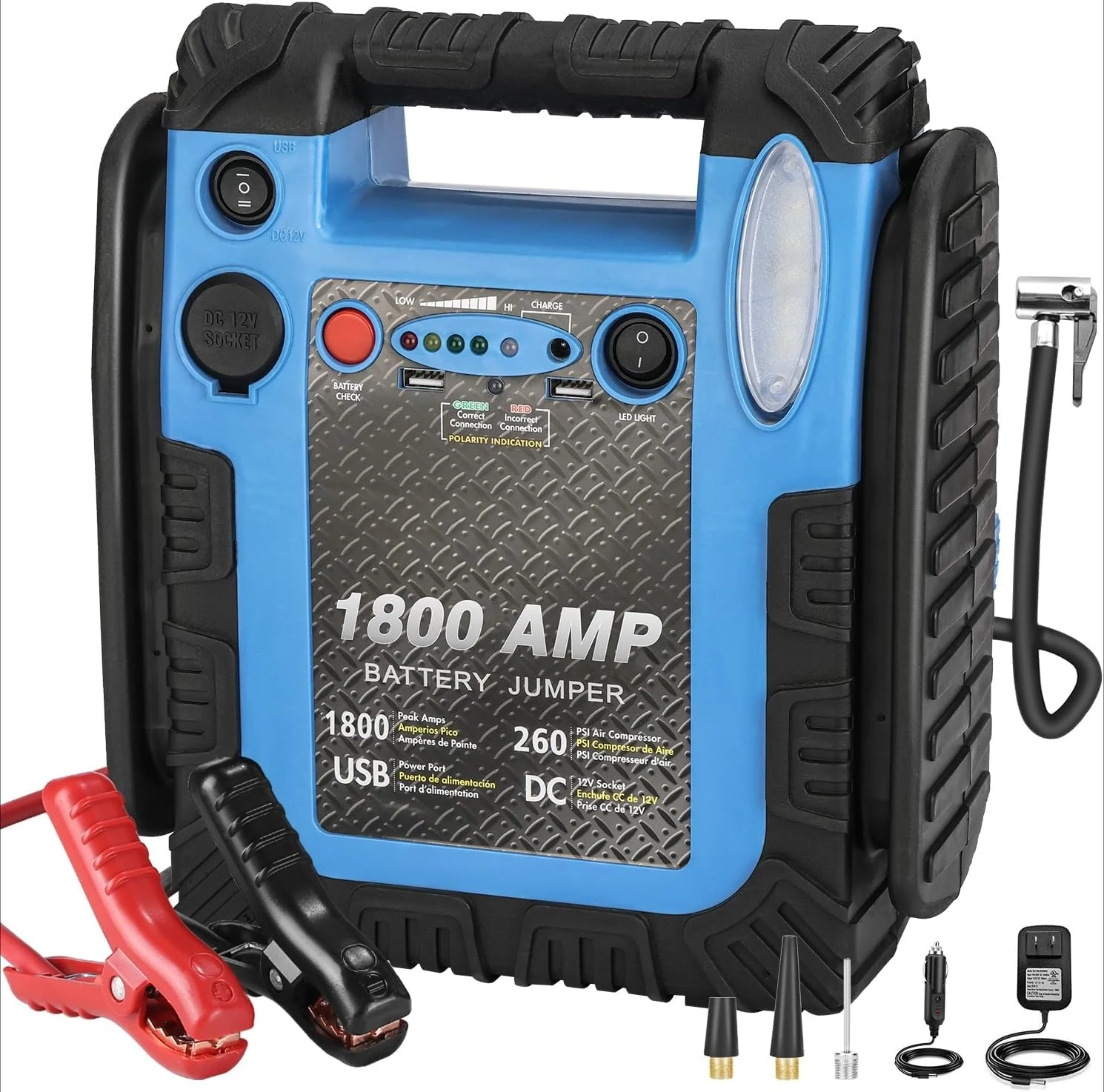 

1800 Amp Jump Starter with Air Compressor, Car Battery Jump Box 260 PSI Tire Inflator, 20000 mAh 12V Auto Lead-Acid
