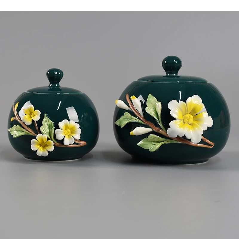 Handmade Flower Relief Tea Jar Ceramic Air-tight Porcelain Pot with Lid Household Caddy Jars Table Desktop Decoration