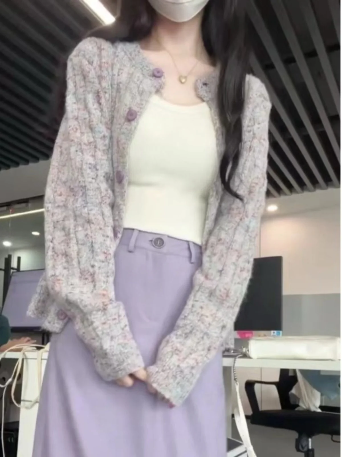 

Фиолетовый вязаный открытый кардиган, женский ранняя весна 2024, новый корейский свитер, круглый, маленький размер, свободный крой, длинный све