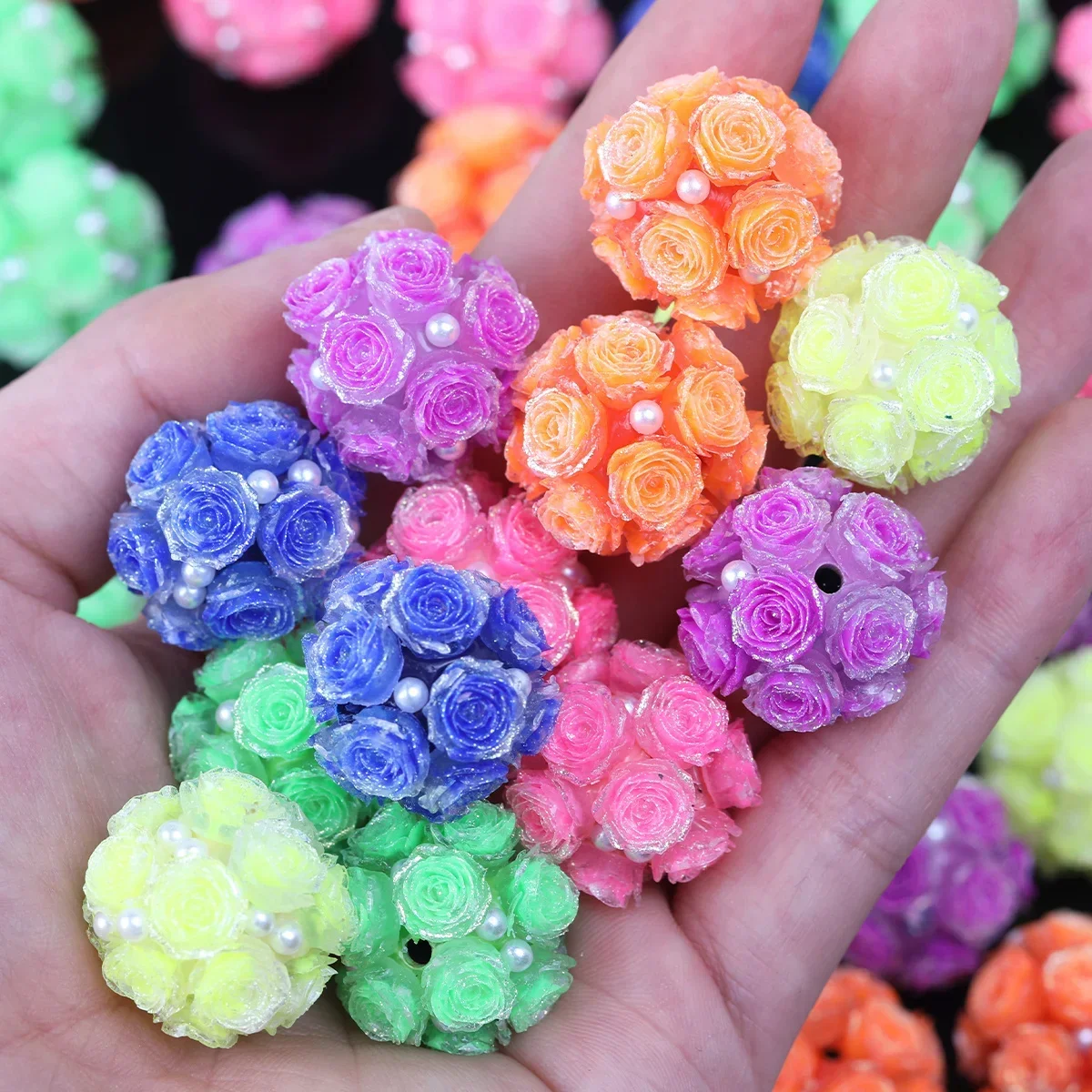 5/10pcs Random Color Rose Ball Acrylic Beads, 22mm Floral Bouquet Shape Loose Beads for DIY Jewelry Craft Making