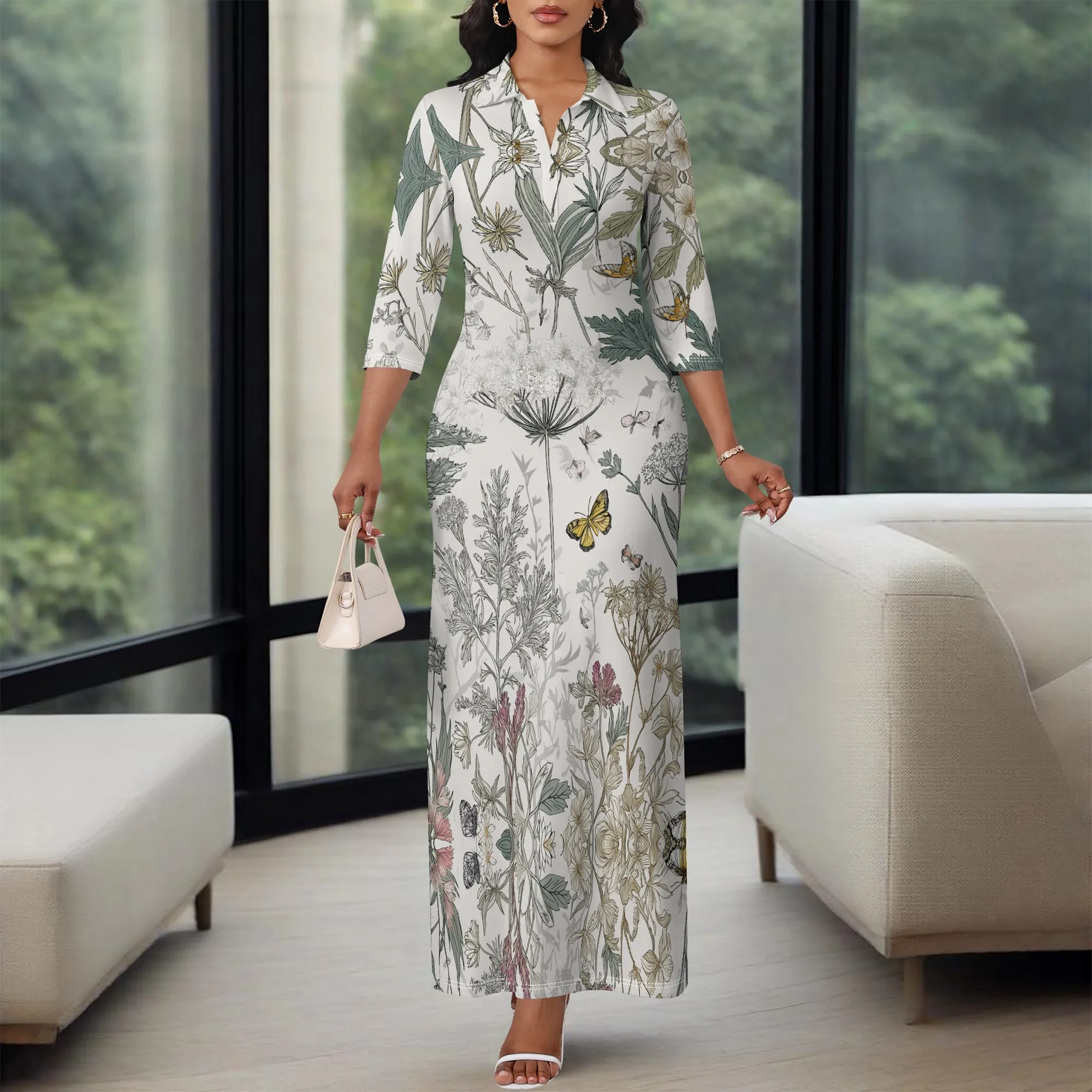 

Women's Floral Shirt Maxi Dress XS-3XL Classy 3/4 Sleeve Slim Fit Design for Spring Party, Church Event or Vacation Look