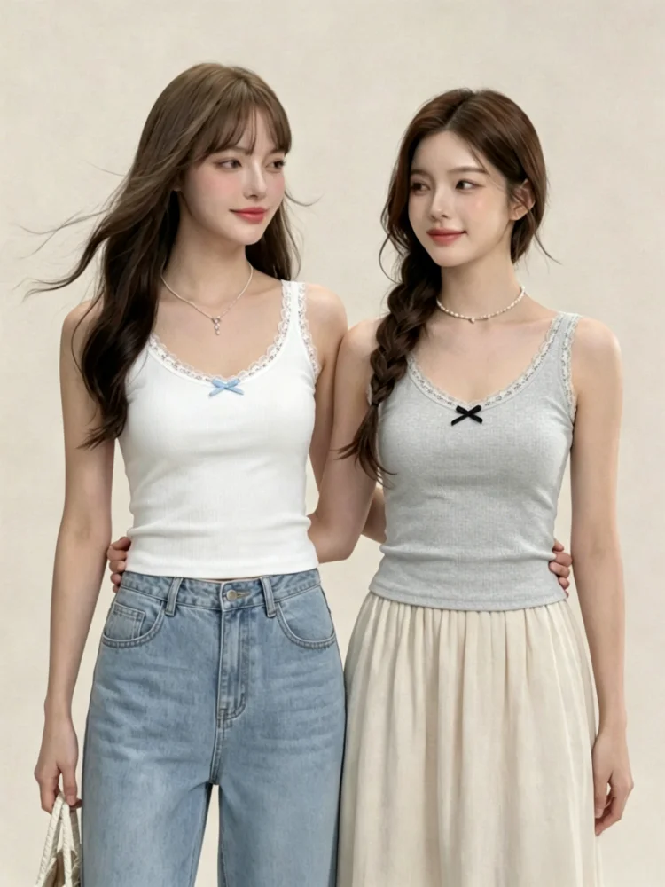 Lace  Knot Strap Vest Women's Spring Summer New Style plus Size Slim Fit Inner Wear Outer Wear Base Top