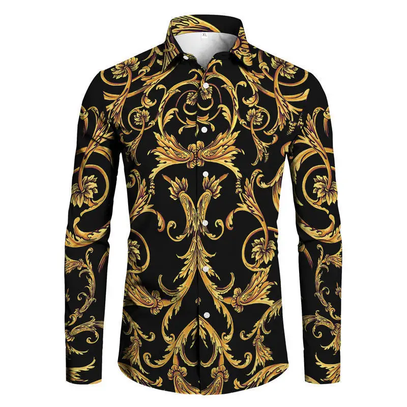 Luxury Golden Flower Chain 3D Printed Hawaiian Shirts Men Fashion Long Sleeve Streetwear Oversized Lapel Button Hawaii Shirt