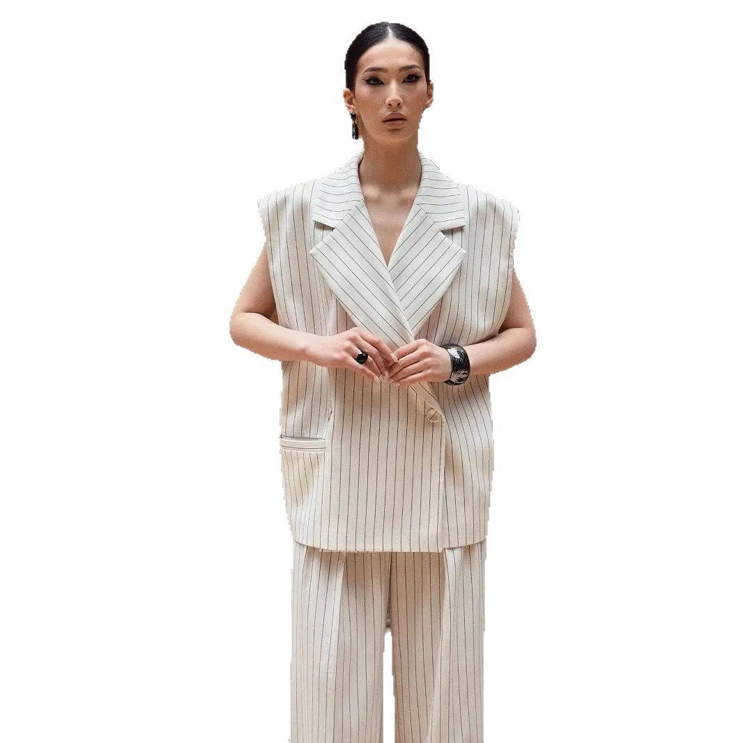 2025 Spring and Summer Temperament Lapel Striped Vest Wide-leg Pants Suit Professional Commuter Women's Clothing