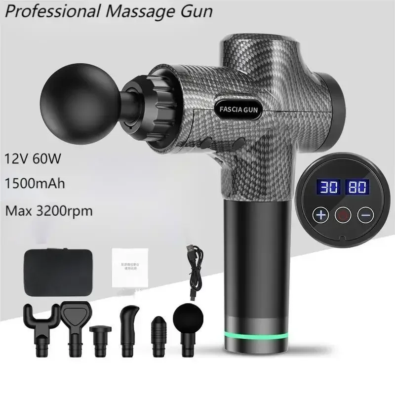 

Fascia Gun,6 Heads 30 Gears Carbon Color High Frequency Fascia Gun 13kgs Thrust Force 16mm Deep Impact Depth Masajeador