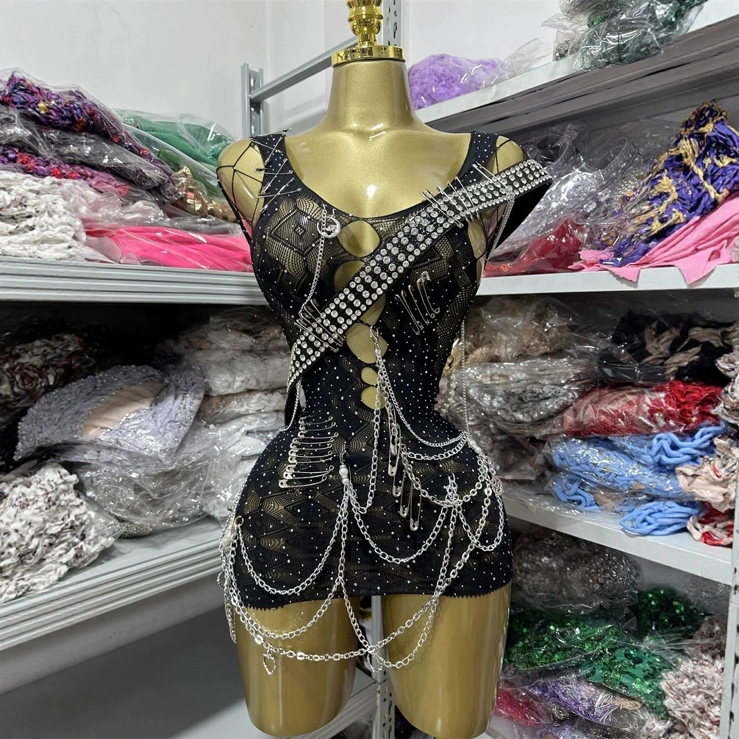 

Women Special Occassion Dress Gothic Dress Black Pin Beading Diamonds Belt Chain Hole Mesh Punk Style Stage Costumes