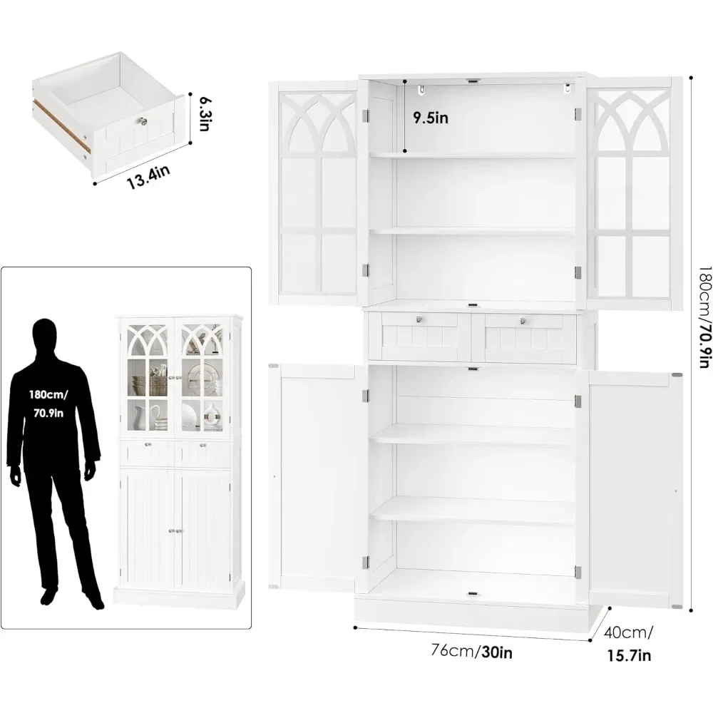 Kitchen Cabinet, Hutch with 2 Drawers and 4 Doors, Freestanding Cupboard Pantry Cabinets for Dining Room, Kitchen Cabinet