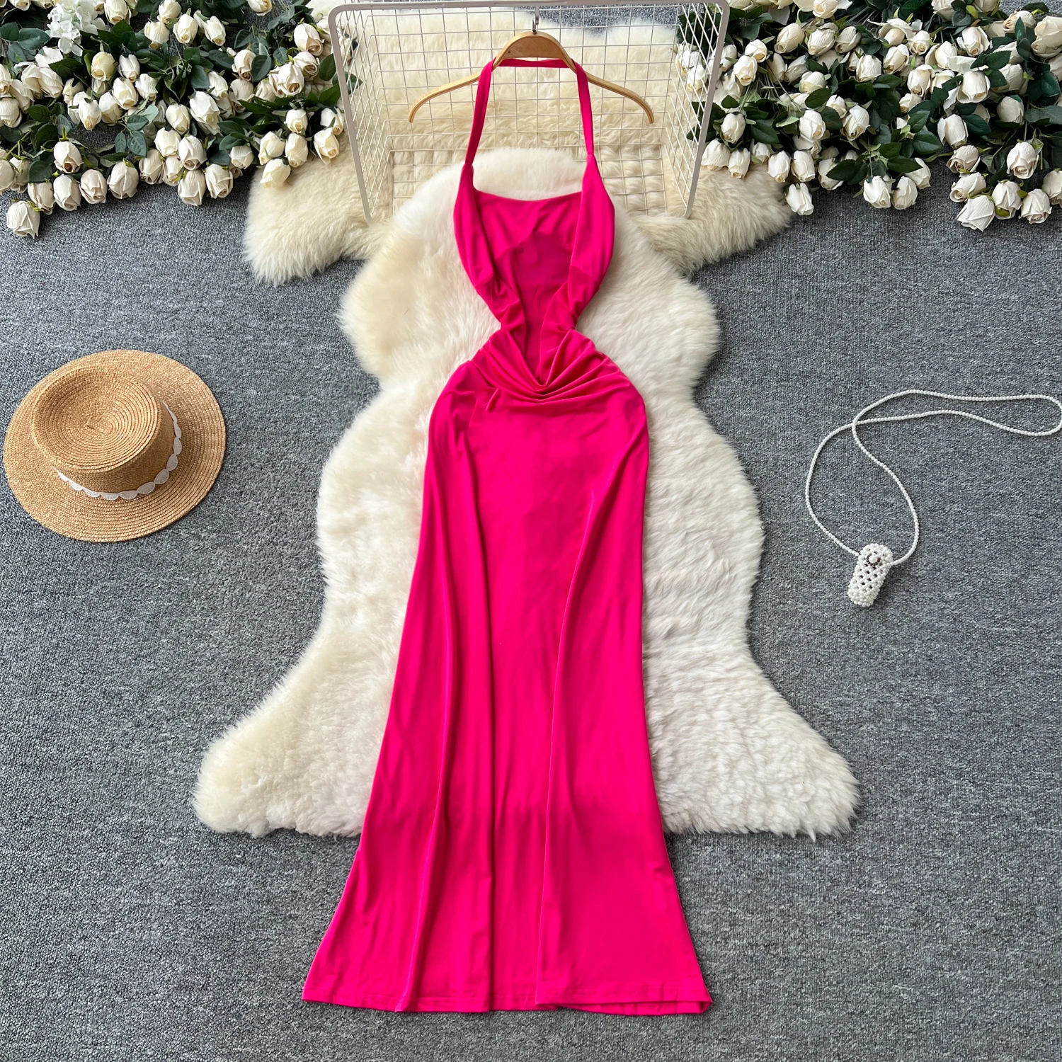 Chic vintage sexy halter backless solido sottile Elegante fata moda coreana Boho Sundress abbigliamento donna Abito lungo