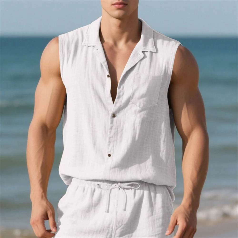 Cotton Tank Tops for Men Solid Color Single Breasted Fashion Trun-down Collar Sleeveless Tops Beach Style Holiday Vest