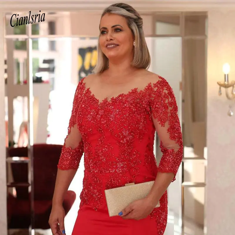 Elegante cuello transparente manga tres cuartos vestidos para madre de la novia apliques rebordear sirena vestido Formal vestido de noche de satén