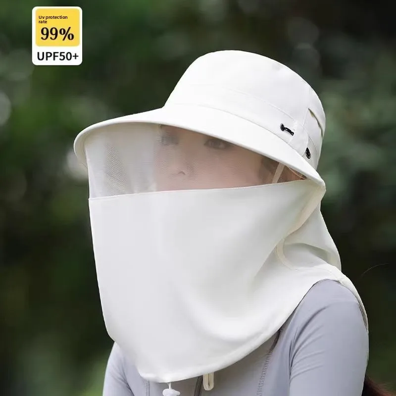 Women Summer Large Brim Integrated Mask Sunscreen Hat Breathable Mesh Windproof Outdoor Riding Beekeeping Travel Light Cap