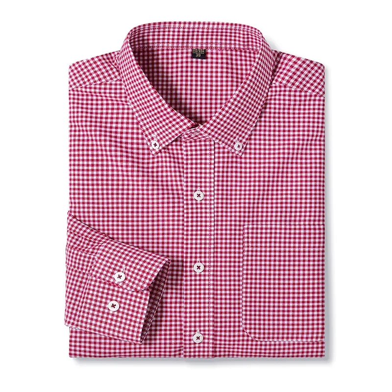 Men Spring Autumn Plaid Striped Oxford Shirts Long Sleeve Check Shirt Chest Pocket Work Casual Standard-fit  100% Cotton