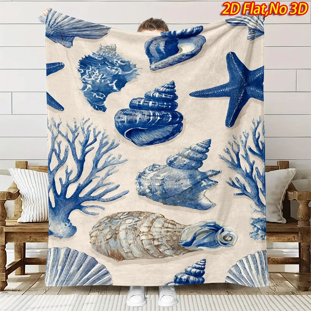 1pc 2D Flat Printing Spring & Summer New Arrival Marine Life Seashell Starfish Coral Themed Flannel Blanket, 100% Polyester Fibe