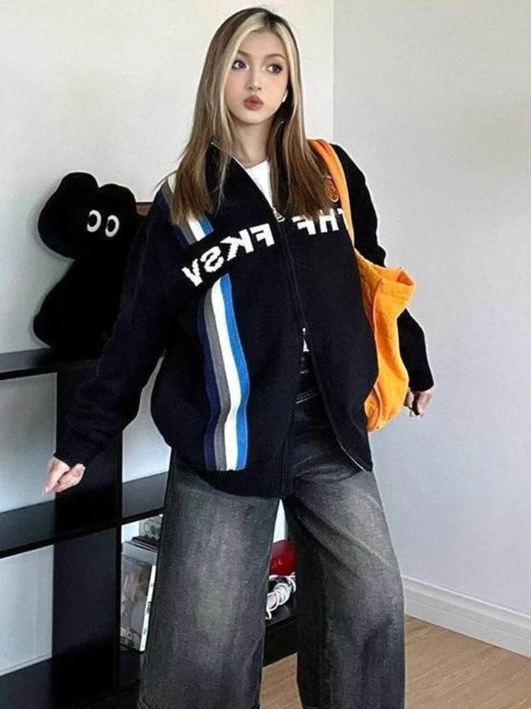 

American High Street Sweaters Letter Jacquard Zipper Turtleneck Cardigan Y2k Harajuku Vintage Knit Tops Loose Women's Clothing