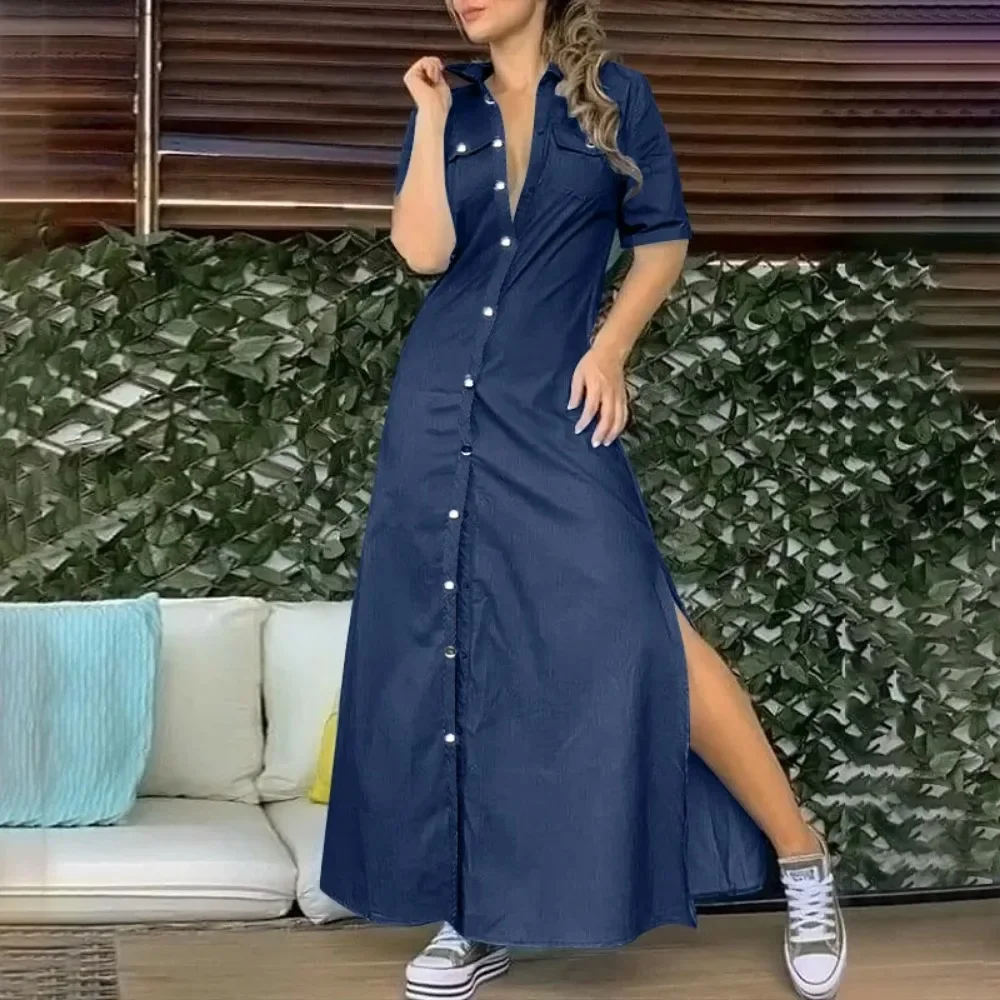 Summer Oversized Women\'s L-5XL Plus Size Lapel Button Denim Dress Solid Color Oversized Loose Slit Dress Fashion Casual Pocket