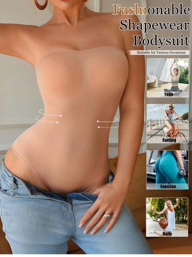 Seamless Strapless Shapewear Bodysuit Women Tummy Control Butt Lift Thong Breathable Stretch Body Shaper For Daily Yoga Sport