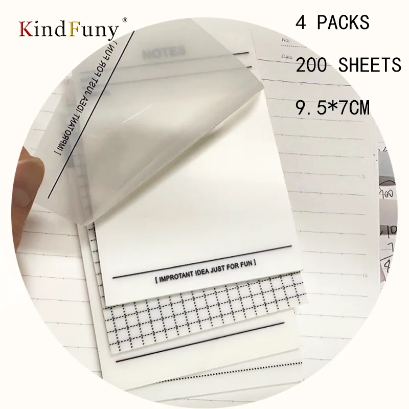 KindFuny Impermeável Sticky Note Pads, Blocos Transparentes, Material de Escritório, Papelaria Escolar, 50 Folhas