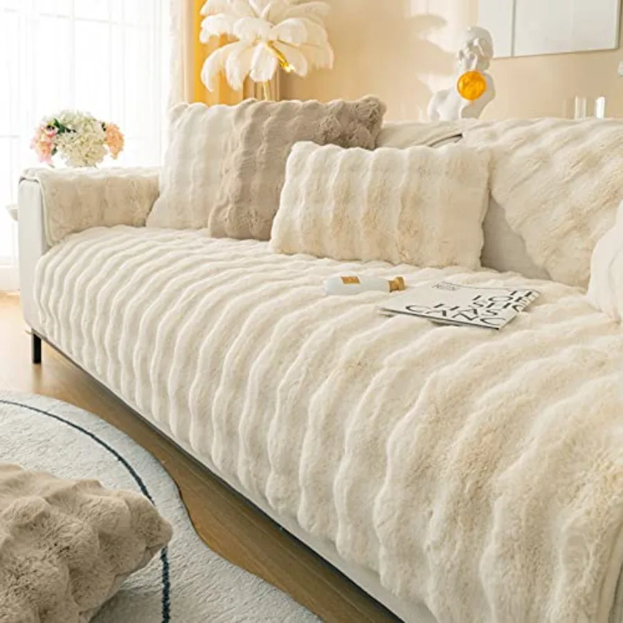 

Thick Plush Faux Rabbit Fur Sofa Slips 1-Piece Non-Slip W Soft Cozy Couch s Furniture Protector,35"x94