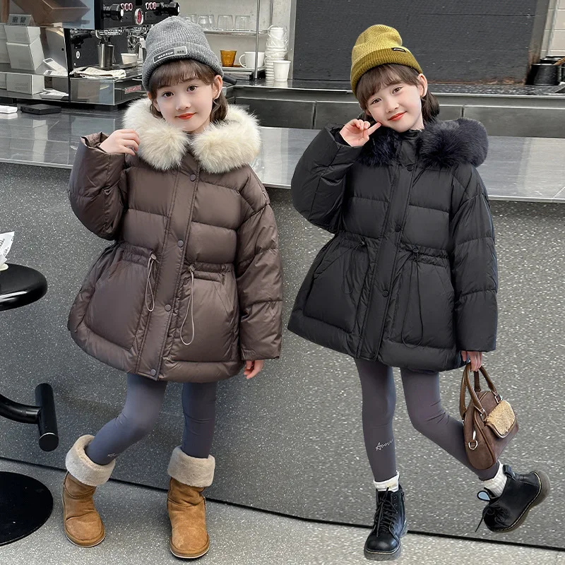 

Girls Coat Hooded Down Padded Jacket Mid-length Baby 2024 New Korean Version Padded Winter Coat Korean Simple Style Clothes