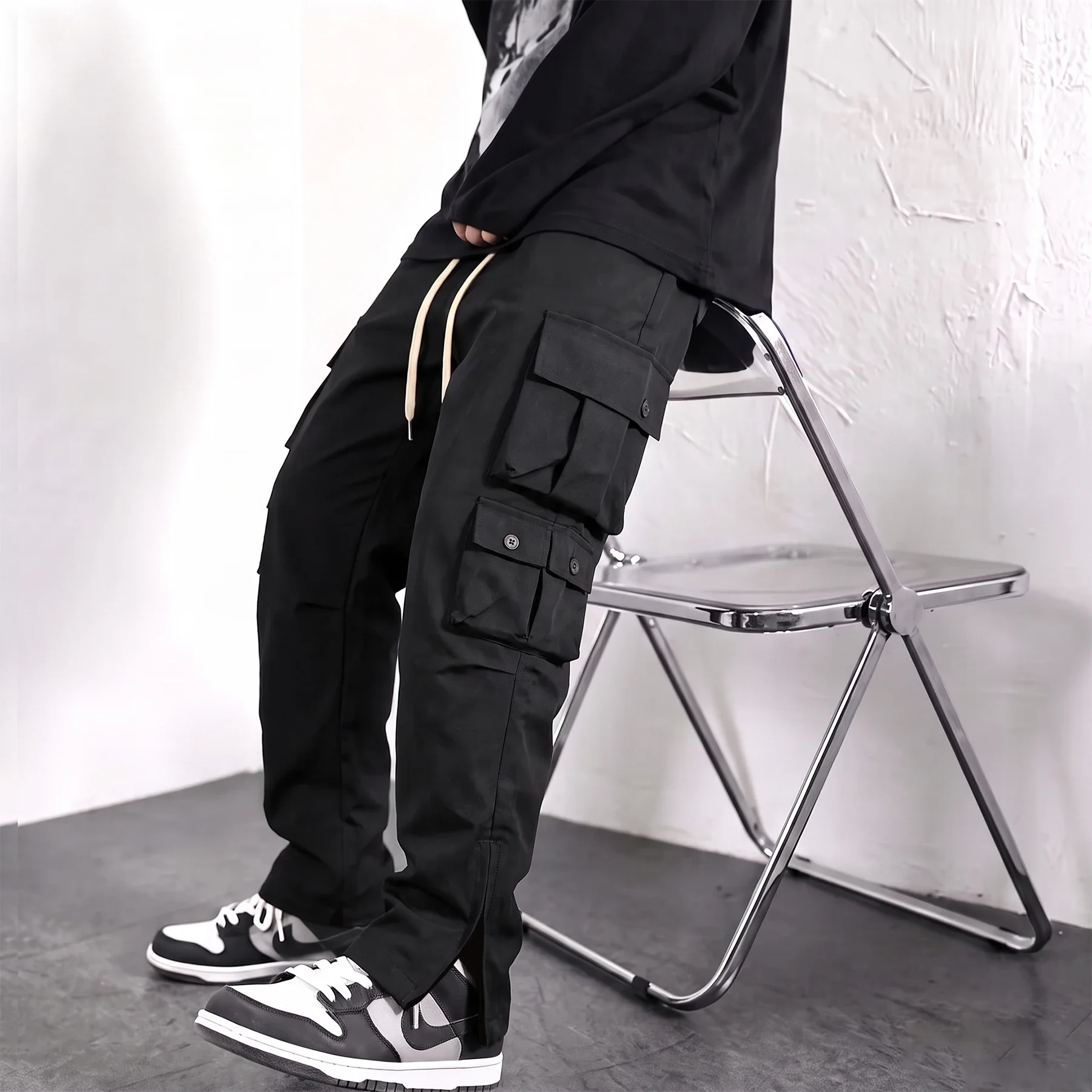 Men Work Cargo Pants Straight Leg Elastic Waist Drawstring Multi Pocket Casual Trousers Outdoor Streetwear Pants for Men view 3