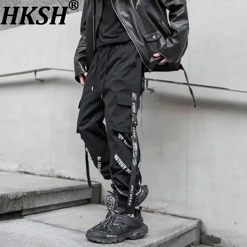 

HKSH весна осень новые мужские комбинезоны Tide корейские леггинсы с лентой Ins хип-хоп китайский шикарный модные повседневные брюки-карго темные Ins HK0110