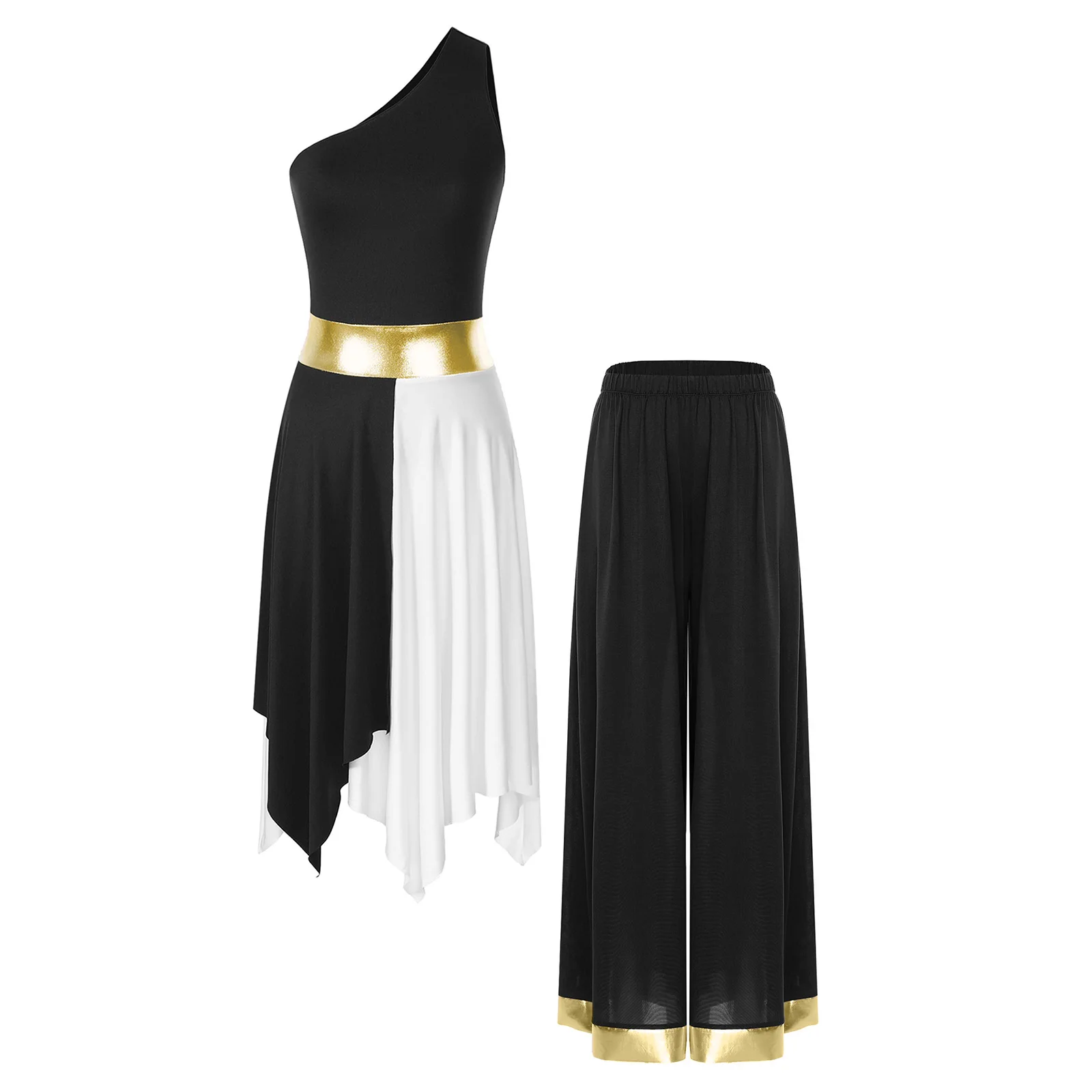 

Womens Lyrical Dance Outfit One Sleeveless Shoulder Contrast Color Irregular Hem Dress And Pants Worship Praise Dance Costume