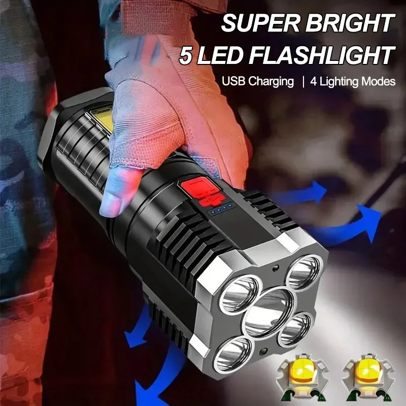 5 LED Flashlight High Power Rechargeable Battery Indicator Torch COB Flood Light Waterproof Spotlight For Outdoor Camping Lamp