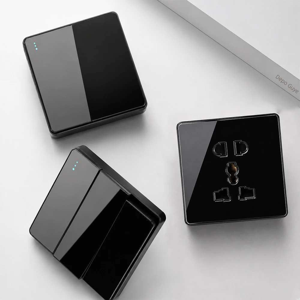 Luxury All Tempered Glass Wall Light Switch Button Black UK Plug 13A Universal Wall Socket with Usb ,220V1gang2way Speed Switch