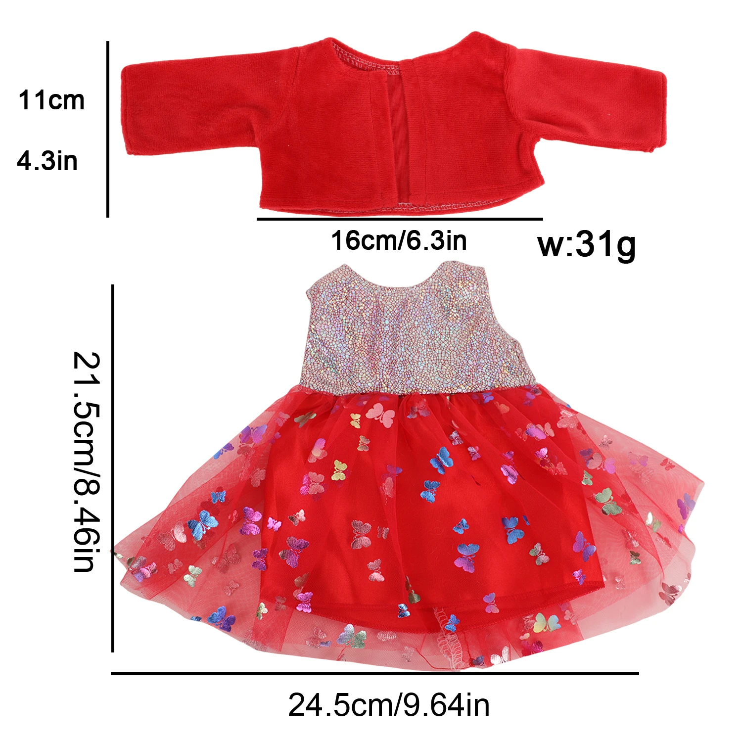 فستان فراشة أرجواني + معطف + تنورة ملونة + 2 حذاء، طقم ملابس لدمى أمريكية 18 بوصة ودمى أطفال حديثي الولادة 43 سم، دمى فتيات