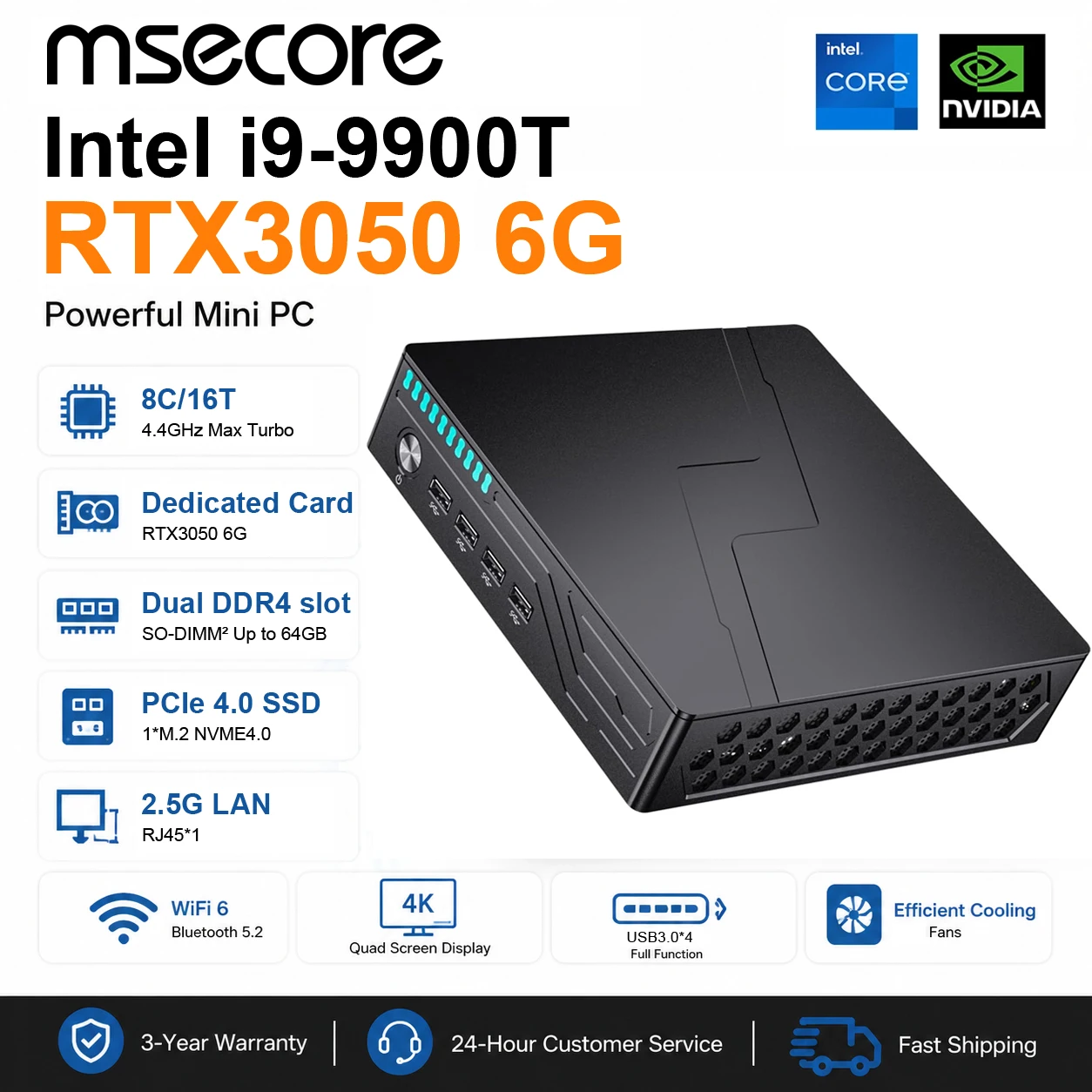 MSECORE MV9 Mini Gaming PC Intel Core I9-9900T RTX3050 6G Discrete Graphics DDR4 NVMe SSD WiFi5 BT5.0 HDMI DP Type-C 4K ESports